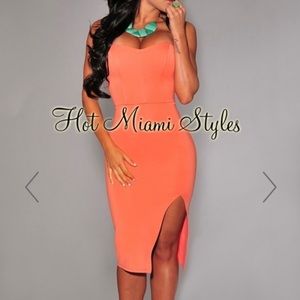 Coral Slit Strapless Padded Midi Dress